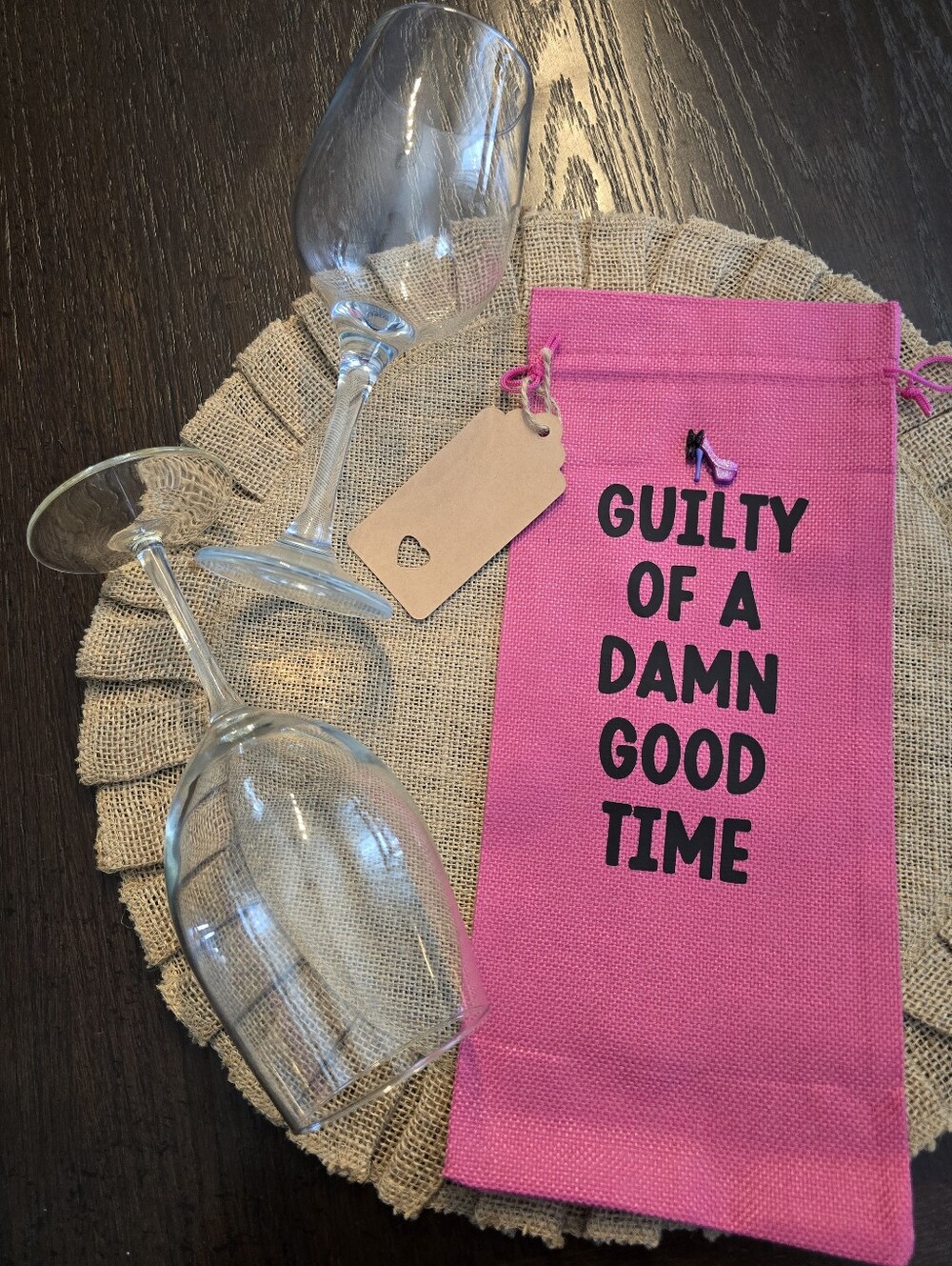 🍷BNWT Guilty of a Damn Good Time Pink Burlap Wine Gift Bag Hand Made👠💄